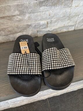 Madden NYC Black Crystal-Embellished Slide Sandals